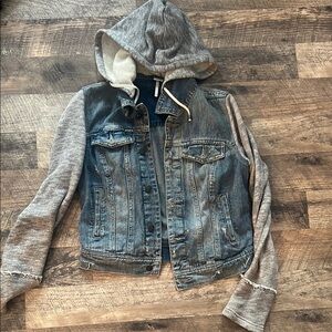 Free People Jean Jacket W Sweatshirt Material Arms Hood  Gray